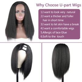 KRSI Kinky Straight U Part Wigs for Women Synthetic Yaki Straight Curly Black Wigs for Natural Hair Full Head U Shape Wig Clip in U Part Wig 180 Density 1B 16inch