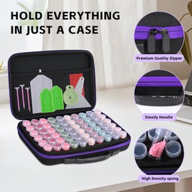 MERATIA 60 Slots Diamond Painting Storage Container, Diamond Art Kits for Adults Stackable Bead Organizer with Carrying Handle, Craft Storage Box with Accessories (Purple-60 Slots)