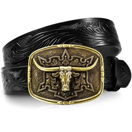 JKEEMI Western Belt Cowboy Belts for Men Women, Cowboy Belt Bull Buckle with Printed Engraved, Western Leather Belts