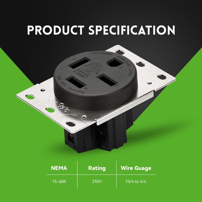 PLUGTUL NEMA 15-60R Flush Mounting Receptacle, 60Amp Receptacle Outlet, Straight