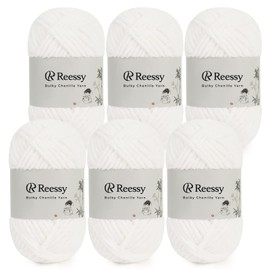 Reessy Bulky Chenille Yarn for Crocheting – 6 Pack of 50g/1.76oz Skeins, Pure Polyester, CYC #5 Bulky Weight – Thick Chunky Chenille Yarn Pack for Crafting Plush Toys, Blankets, Scarves(Snow White)