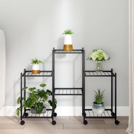 vidaXL Black Iron Flower Stand with Wheels – Durable and Stable Plant Shelf for Displaying and Storing Items – Versatile, Spacious and Easy to Move