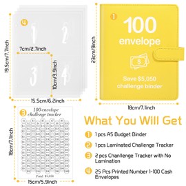 100 Envelopes Money Saving Challenge Binder with Reusable Laminated Tracker, Budget Book with Cash Envelopes, Easy and Fun Way to Save $5,050 (Black and Yellow)