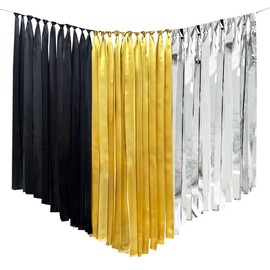 Gold Silver Black Party Decorations Streamer Backdrop 197 Ft×1.97" Wide Satin Ribbon Fringe Hanging Garland for Birthday Wedding Bridal Shower Graduation Bachelorette Holiday New Year Party Supplies