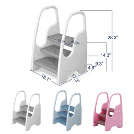 3 Step Stool for Toddler,Kids Three Step Stool for Bathroom Sink or Kitchen Counter Standing Tower, Children Step Up Learning Helper with Safety Handles and Non-Slip Pads,Pink