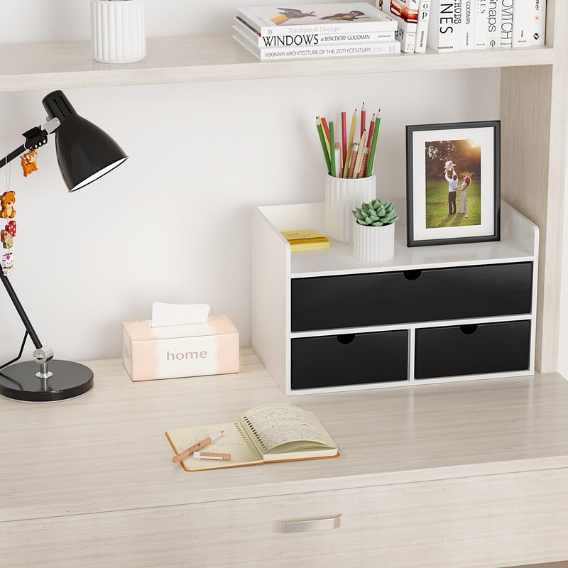 Wisuce Desk Organizer with Drawers - White-Black Bamboo Desktop Organizer