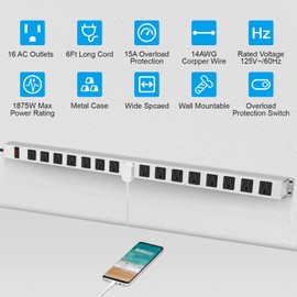 JUNNUJ Metal 16 Outlet Power Strip, Mountable Heavy Duty Power Strip, 1200J Surge Protector Wall Mount Screws Outlet with Switch, Gaming Desk Strips Wide Spaced 15A 125V 1875W, 6 FT 14AWG Power Cord