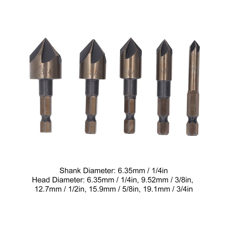 5 Pcs Countersink Drill Bit 1/4in 3/8in 1/2in 5/8in 3/4in