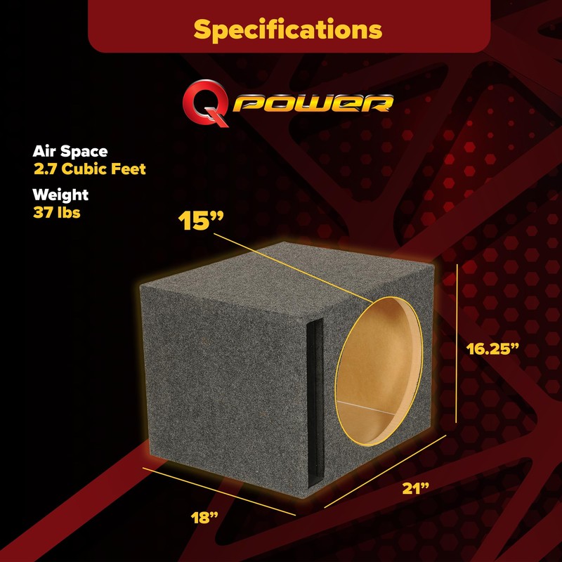 Q Power 15 Inch Heavy-Duty Single Vented Carpet Covered Durable