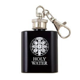 Holy Water Bottle Key Chain with Saint Benedict Medal Art, Stainless Steel Travel Container 4 1/2 Inches