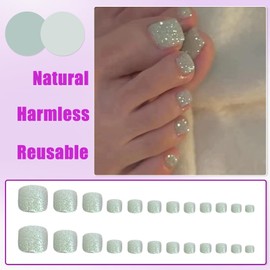24Pcs French Tip Press on Toe Nails, Short Square Silver Shiny Fake Toenails, Summer Glossy Gel False Toe Nails, Artificial Beach Full Cover Acrylic Stick on Toenails for Women Girls Home DIY