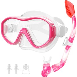 Kids Mask Fins Snorkel Set for Age 5-15,Dry Top Snorkeling Gear for Kids Boys Girls Junior & Youth, Tempered Glass Snorkel Mask with Fins for Swimming Snorkeling (Pink+White, One Size Without Fins)