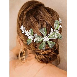 Campsis Wedding Hair Vine for Bridal Grenn Crystals Bride Headpiece Flower Wedding Hair Accessories for Women Prom Birthday