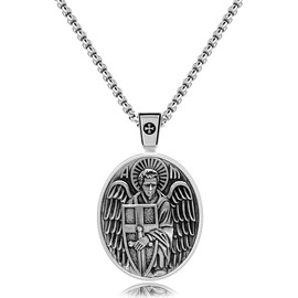 VENICEBEE® Archangel St. Michael Medal Sword Cross Shield Protection Christian Amulet 925 Sterling Silver Pendant Necklace + Velvet Pouch, Polishing Cloth, Gift Box - Plata Arcángel San Miguel