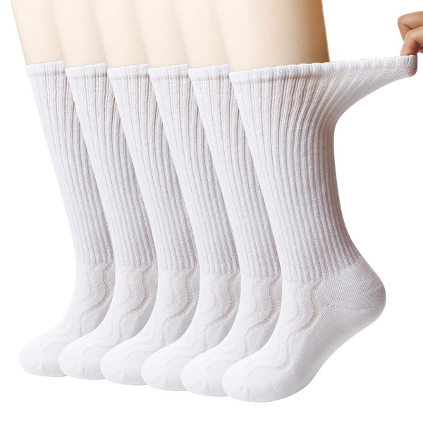 MD 6 Pairs Non-Binding Women's Cushioned Moisture Wicking Bamboo Diabetic Crew Dress Socks 9-11 White
