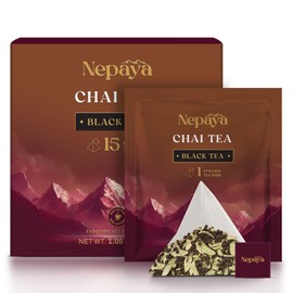 Nepaya Masala Chai Tea Bags, Whole-Leaf Black Teabags, Individually Wrapped Biodegradable 15 Pyramid Tea Bags, High Caffeine, Spiced with Ginger, Cardamom & Cinnamon, Himalayan Chai for Hot Tea