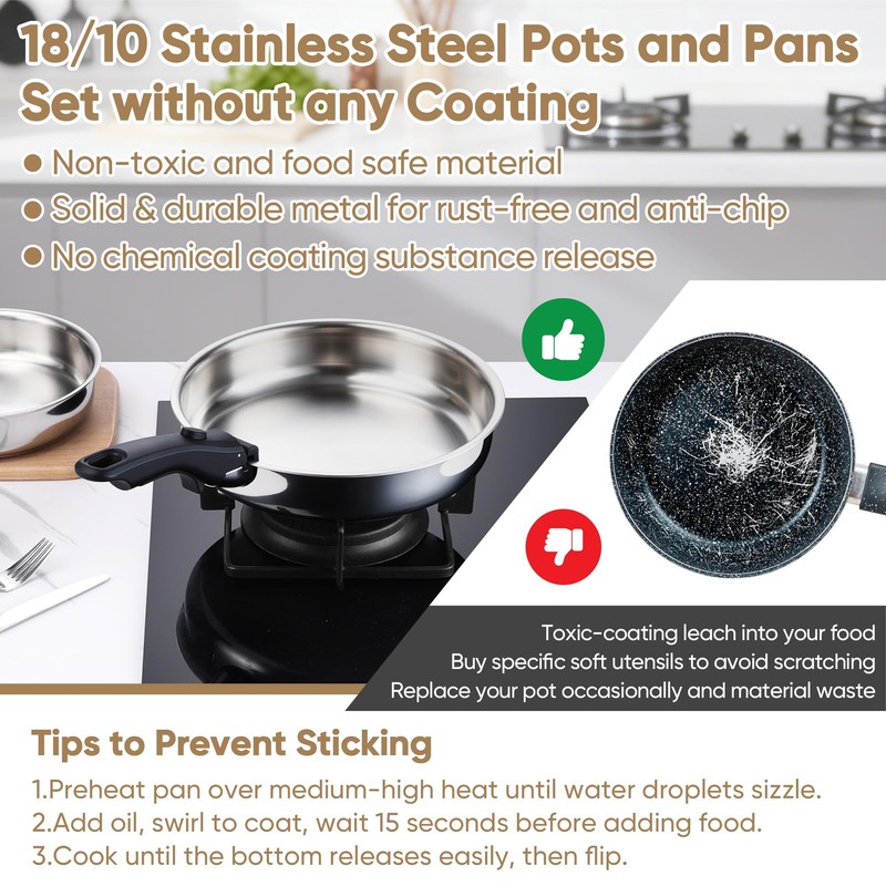 E-far 9pcs Stainless Steel Cookware Set, 3-Ply Pots and Pans