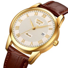 MASTOP Mens Quartz Watch Roman Numeral Business Casual Fashion Analog Wrist Watch Classic Calendar Date Window 30M Waterproof Comfortable Leather Watches (Gold Silver)