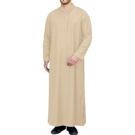 LVCBL Thobe For Men Kaftan Loose Long Sleeve Thobe Linen Button Up Muslim Robe Khaki 2XL