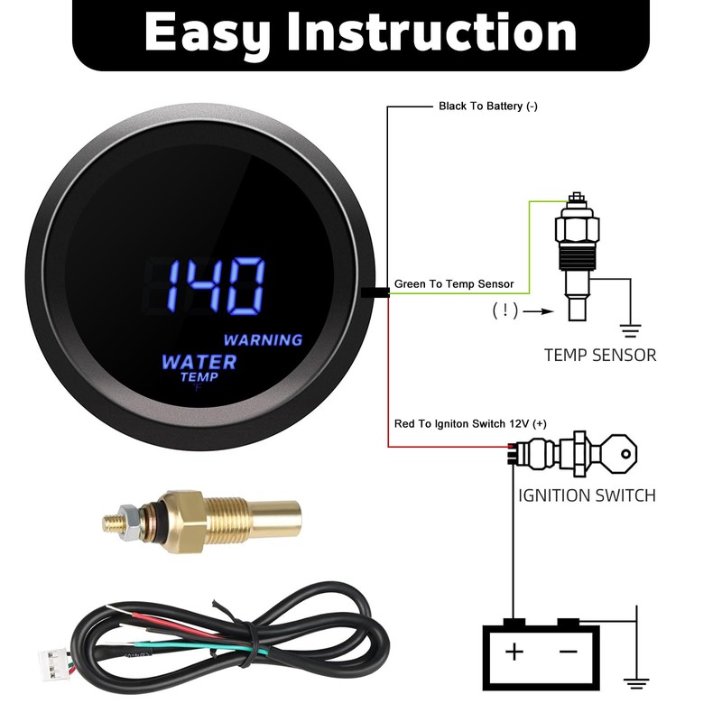 2'' 52mm Water Temperature Gauge, Car Digital Blue Led Water