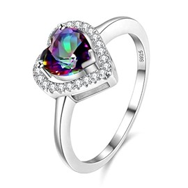 Uloveido Fashion Silver Tone Rainbow Heart Solitaire Engagement Promise Rings Valentines Gift for Women Girls Y3130 (Multi Size L1/2)