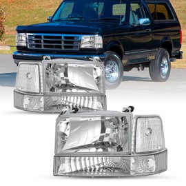 SOCKIR Headlight Assembly Fit for 1992-1996 Ford F150 /Bronco 1992-1997 Ford F250 F350 Super Duty Bumper Headlamp Replacement, Chrome Housing with Amber Reflector