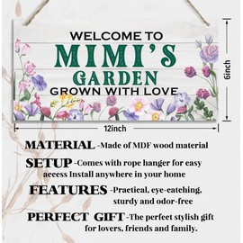 Vintage Style Welcome to Mimi's Garden Grown With Loved Wood Decor Sign, Hanging Printed Wooden Plaque Decor, Rustic Home Decor Sign, Mimi Decor, Gift for Grandma, Women 12x6 inch