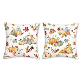 Bonhause Autumn Pumpkin Cushion Covers 45 x 45 cm Blue Orange Pumpkins Fall Leaves Soft Velvet Decorative Throw Pillow Covers for Sofa Bed Home Garden Patio Decor Set of 2