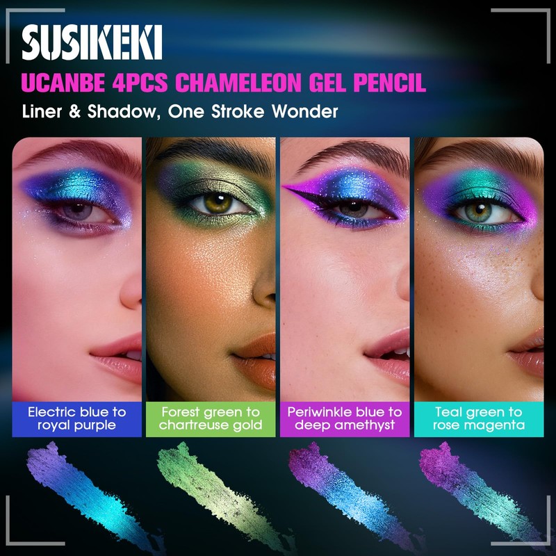 SUSIKEKI 4PCS Chameleon Metallic Eyeshadow & Eyeliner Gel Pencil Set