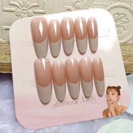 White French Tip Press on Nails Medium Long Almond Fake Nails with Design 24 Pcs Natural Reusable Acrylic Nail Full Cover Stick on Nail for Women WYFHDT