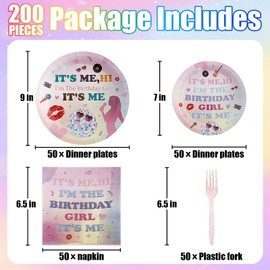 MTYOUTE 200Pcs Birthday Party Plates Supplies,Its Me Hi Im The Birthday Girl Its Me Party Paper Plates,Napkins,and Forks Kit for Girl Birthday Party,Bachelorette Party,Music Party Decoration,Serve 50