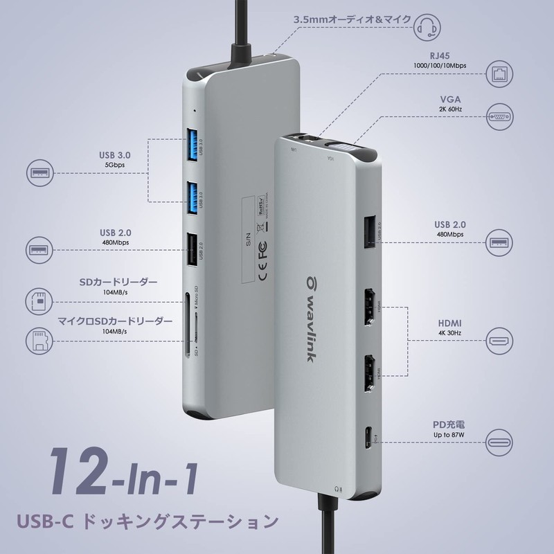 WAVLINK USB Type-C 12-in1 Mini Docking Station HDMI Adapter 4K