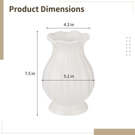 White Wavy Edge Ceramic Vase, Modern Ribbed Flower Vase for Home Decor, Scalloped Opening Pedestal Vase, Minimalism Elegant Table Centerpiece for Dining Table Mantle Bedside Shelves