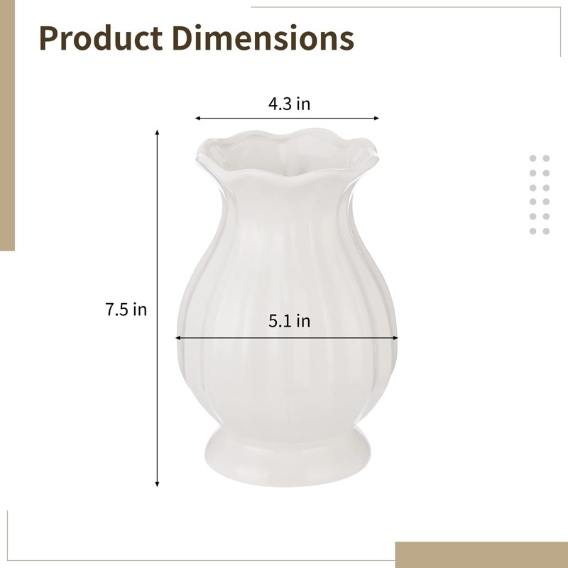 White Wavy Edge Ceramic Vase, Modern Ribbed Flower Vase for