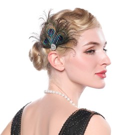 Anglacesmade 1920s Flapper Peacock Feather Hair Clip Crystal Great Gatsby Hair Piece Vintage Roaring 20s Prom Party Festival Hair Accessories for Women and Girls