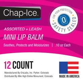Chap-Ice® | 12-Count Assorted Mini Lip Balm Pack & 1 Lip Balm Keychain with Swivel Clip | Made in USA | 4 Flavors - Cherry, Citrus Orange, Kiwi Lime, & Beeswax (0.10oz/3g Each)