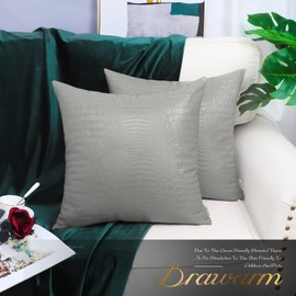 BRAWARM Faux Leather Pillow Covers 16 X 16 Inches, Gray Leather Pillow Covers Pack of 2, Crocodile Leather Decorative Throw Pillows for Living Room Couch Bed Sofa Home
