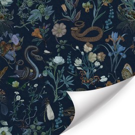 LHIUEM Vintage Blue Snakes Wallpaper Tropical Floral Peel And Stick Wallpaper(17.3”X118”)Jungle Rattlesnakes Animals Contact Paper Whimsical Insect Flowers Paper Large Cobra Wall Decor for Room Office