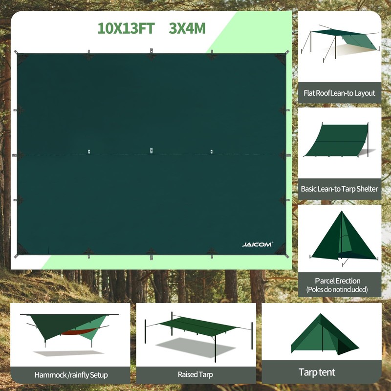 JAICOM Waterproof Camping Tarp - 10X10ft Hammock Rain Fly, Ultralight