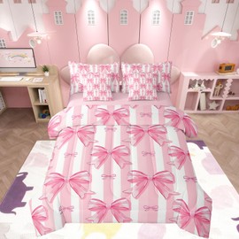 Feelyou Pink Bowknot Comforter Set with Sheets,Dreamy Princess Bowknot 7 Piece Bedding Set Full Size,Girls Bedroom Room Decor,Cute Bow Girly Bed in a Bag,Kawaii Geometric Bow-tie Bed Set