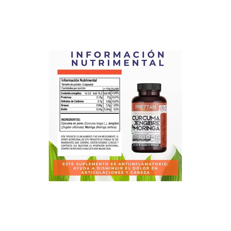 Cúrcuma Jengibre Y Moringa Prettan Suplemento 600mg 90 Caps