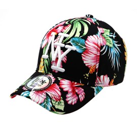 NY Cap Women's Hip Hop Fashion Baseball Round Visor Black Floral Design Adjustable Cap, black