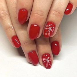 Christmas Press on Nails Short Almond OFDNE Red Fake Nails False Nails with Designs Bow Rhinestones Full Cover Glossy Glue on Nails Acrylic Nails for Women Girls 24 Pcs