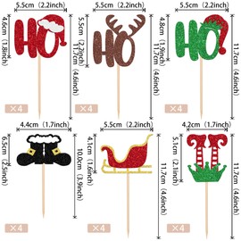 24 piezas de adornos para magdalenas de Feliz Navidad con purpurina HO - Patas de elfo de Navidad para magdalenas, sombrero de Papá Noel, decoraciones para tartas de Feliz Navidad, Año Nuevo,