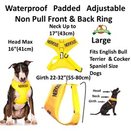 NERVOUS (Give Me Space) Yellow Colour Coded Non-Pull Front and Back D Ring Padded and Waterproof Vest Dog Harness PREVENTS Accidents By Warning Others Of Your Dog In Advance (L)