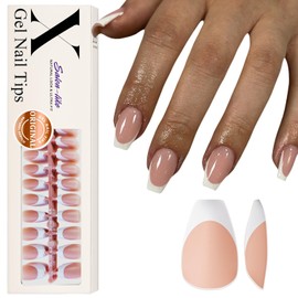 Gel X French Tip Nails Short Coffin French Tip Press on Nails SXVME White French Nail Tips 300Pcs Pre-applied Tip Primer Natural Brown Fake Nails Extensions Gel X Nail Kit for Women Girls DIY