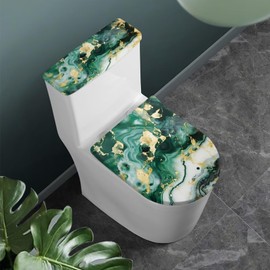NETILGEN Bathroom Toilet Tank Lid Cover and Toilet Seat Lid Cover 2 Pcs, Easy to Clean Toilet Mat Protective Cover Home Indoor Decoration Universal Fits, Green Gold Marble