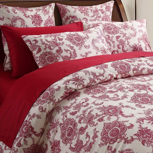 Softta Luxury Queen Size Vintage Red Flower Paisley Pattern on Off- White Retro Lvory White Fresh Chic Boho Floral Bedding Sets 3Pcs Duvet Cover Set 100% Egyptian Cotton Bedding Collection