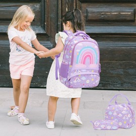 3PCS Rainbow Backpack Set, Purple School Bag with Lunch Box Pencil Pouch, Cute Large Capacity Backpack Set for Preschool & Kindergarten
