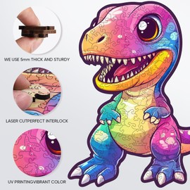 Wooden Puzzles for Adult and Kids, 100 Pieces Animal Cartoon Puzzle, Dinosaur 3 Unique Shaped Wooden Preschool Puzzle, Toddler Wooden Puzzle Toy Gift for Family and Friends, Suitable for Family Games